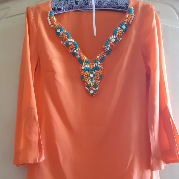 👚Trina Turk  100% Silk Orange Beaded V Neck Tunic Top Blouse - Picture 12 of 14
